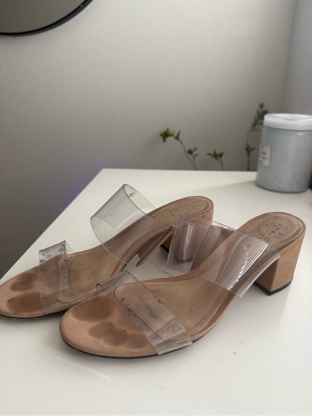 SCHUTZ Clear Strap Block Heel Sandals in Nude/Transparent
